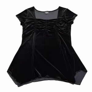 90s/Y2K Vintage Velvet Velour Babydoll Choppy Hem Top Ruched Bust (Black) Large